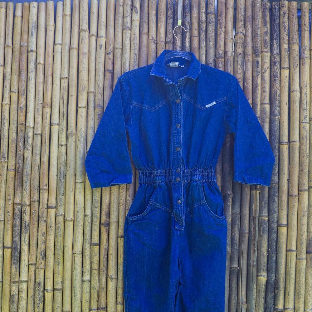 Vintage Denim Jumpsuit Boilersuit Long Sleeve, Drop Waist and Snap Buttons